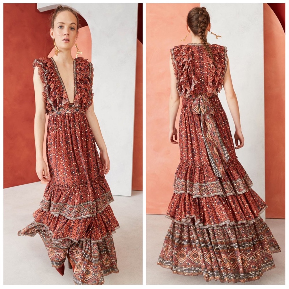 Ulla Johnson Adelina Silk Ruffle Metallic Gown